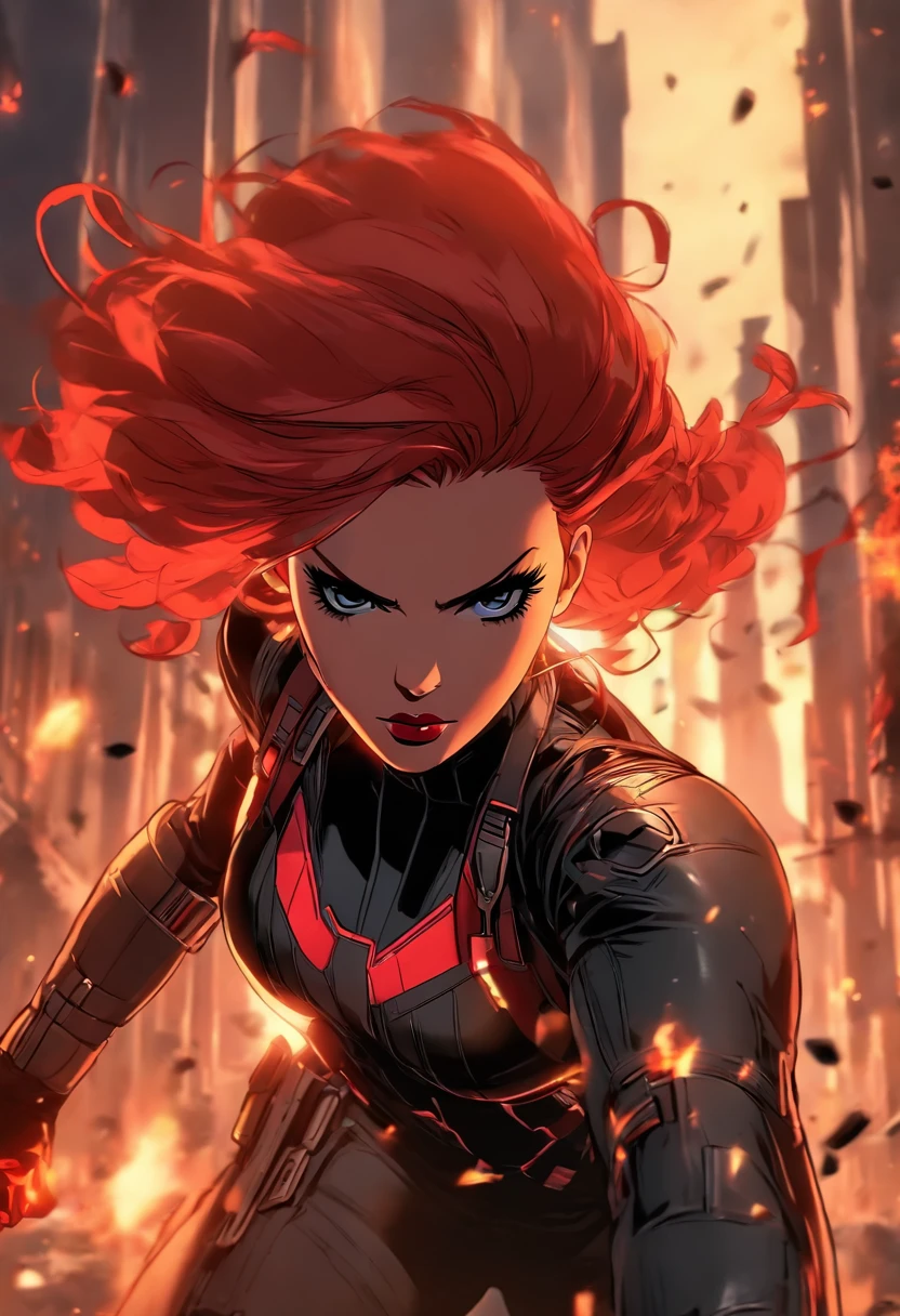 "Scarlett Johansson as Black Widow, dressed in her iconic black tactical suit with red accents. She is posed dynamically, mid-action, with one arm extended forward holding her Widow's Bite bracelets, ready to strike. Her red hair is flowing behind her, and her expression is fierce and focused. The background is a dark, urban landscape with hints of smoke and debris, suggesting a recent battle. The lighting highlights her features, giving a dramatic and intense atmosphere to the scene."You can input this description into a text-to-image tool to generate the artwork. If you need further assistance or another type of art description, feel free to ask!