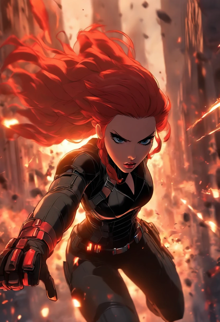 "Scarlett Johansson as Black Widow, dressed in her iconic black tactical suit with red accents. She is posed dynamically, mid-action, with one arm extended forward holding her Widow's Bite bracelets, ready to strike. Her red hair is flowing behind her, and her expression is fierce and focused. The background is a dark, urban landscape with hints of smoke and debris, suggesting a recent battle. The lighting highlights her features, giving a dramatic and intense atmosphere to the scene."You can input this description into a text-to-image tool to generate the artwork. If you need further assistance or another type of art description, feel free to ask!