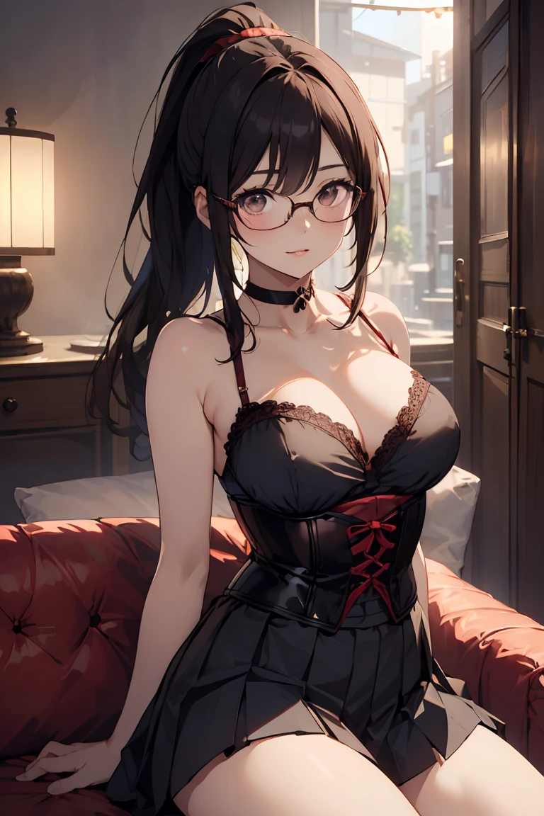 high resolution, Photo of a beautiful woman detailed_face, young handsome girl, realistic:0.5, perfect skin, (ultra-detailed background, detailed background), bokeh, gorgeous, pure, beautyfull detailed face and eyes, breasts, (dark-brown eyes :1.1), (a pretty extremely and beautiful Japanese woman), (sexy girl), (22 years old: 1.1), (arms down:1.3), (kneeling on couch:1.3), (gorgeous with gold embroidery) room with beautiful wallpaper:1.3), (plush red velvet couch in front of the wall:1.3), (upper body image:1.3), (nostalgic night scene:1.4), the vibrant glow of neon lights, (looking at viewer:1.2), (wearing a glasses:1.5), 
BREAK,
(small-medium breasts:1.3), (((sagging breasts:1.5))), (thin waist:1.3), (slender:1.3), wearing a (gothic corset camisole:1.3), (dark-red velvet corset camisole :1.3), (blue school-girl-pleated-skirt:1.3), (balck lace choker:1.3), Insanely detailed outfit,
BREAK,
(cute:1.2), ((K-pop idol:1.3)), (upper thigh:0.6), soft light, Lens Glow, looking at viewer, straight teeth, smile, floating hair, brown eyes, (ponytail:1.5), (mahogany thin wavy hair :1.2), bangs, medium-length hair:1.3, dark brown eyes, beautiful eyes, princess eyes, (big eyes:1.3), (Drooping eyes:1.2), Hair between eyes, beautiful detailed skin, (detailed beautiful girl: 1.4), Parted lips, Red lips, full-make-up face, (shiny skin), ((Perfect Female Body)),Perfect Anatomy, Perfect Proportions, (most beautiful Korean actress face:1.3, extremely cute and beautiful Japanese actress face:1.3), (blush:1.1),
BREAK,
movie scene, cinematic, full colors, 4k, 8k, 16k, RAW photo, masterpiece, professionally color graded, professional photography, consider, soft clean focus, realistic lighting and shading, (an extremely delicate and beautiful art):1.3, elegant, active angle, dynamism pose, gray background, solo focus, (bust shot:1.2), cinematic light,