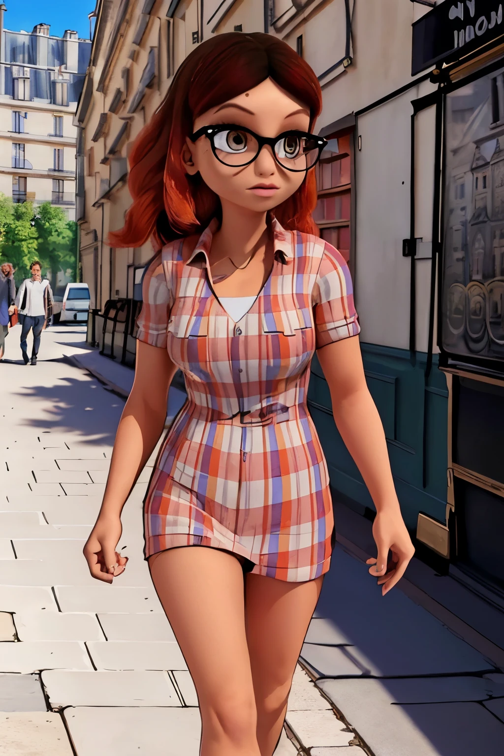 (8K, raw photo, best quality, masterpiece: 1.2), (intricate details), the setting = ((walking through the streets of Paris talking on a call)), perfect eyes, perfect face, with a confident expectation same, perfect lighting, Beautiful, (masterpiece:1.2), (best quality:1.2), 1 girl, alone, alya, glasses, Brown eyes, mole,