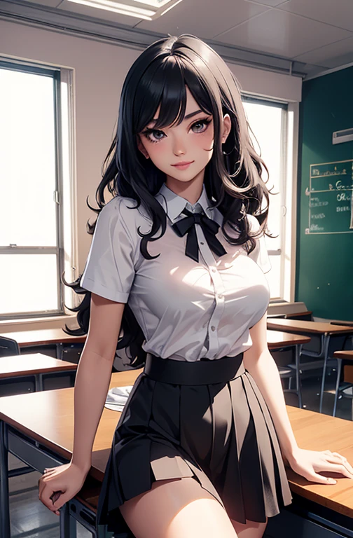 masterpiece, best quality, best lighting, shadows, perfect anatomy, 1 girl, 21 years old, mature features, bitchy face, pretty lips, pretty eyes, black wavy hair, black eyes, seductive eyes, blushing, flirty, pretty smile, tiny red skirt, white tight shirt, classroom background, ass, breast, thighs, nsfw,