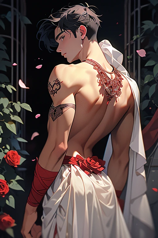 1male people,((Thin))，((being thin))，Muscular,((rosette)),(grape trees),cage,strappy,Red rope,(Detail light),Falling rose petals,hindquarters, back muscles，Red sheer tulle，Cool white skin，White-colored skin，Full nudity on the back，Lateral face