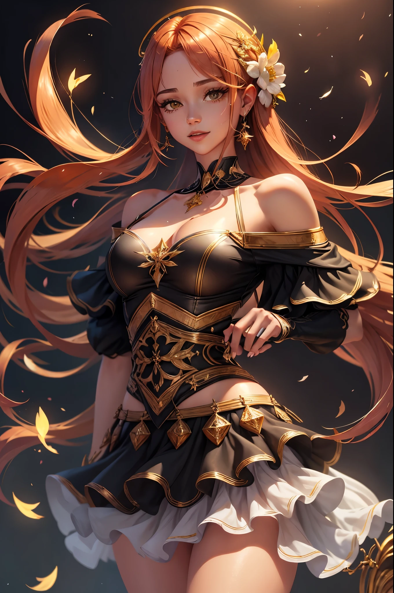 Jordan, asas de anjo, linda mulher, (Fotorrealista), retroiluminado, fundo preto, black vestir, black luvas, cabelo preto, sorriso, tiro de vaqueiro, vestir, brincos, cabelo flutuante, luvas, gold brincos, gold hair elastic, flor de cabelo, hair ornament, ((hair elastic)), joia, light particles, cabelo longo, olhar visualizador, off-the-shoulder vestir, fora do ombro, petals, Rocha lateral, Sozinho, Espinho, Vestido bonito, Tecido Dupla Face, ((Obra de arte))