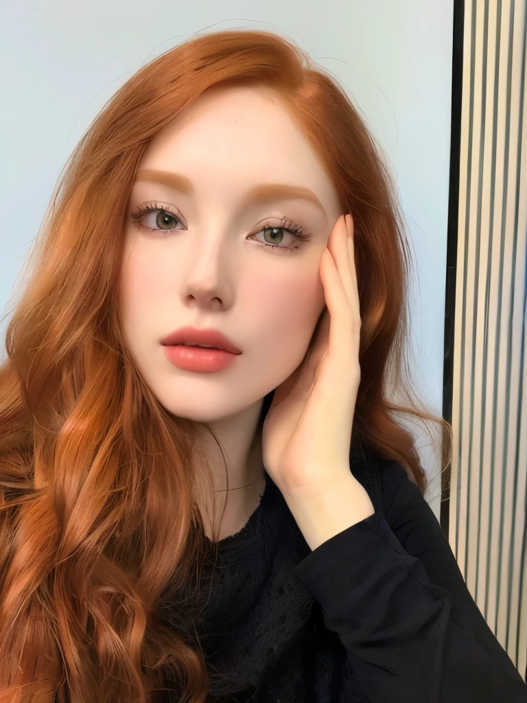 a close up of a woman with long red hair and a black sweater, with pale skin, amouranth, soft flawless pale skin, natural soft pale skin, ellie bamber, pale glowing skin, better known as amouranth, ellie bamber fairy, smooth pale skin, ivory pale skin, pale fair skin!!, very very very pale white skin