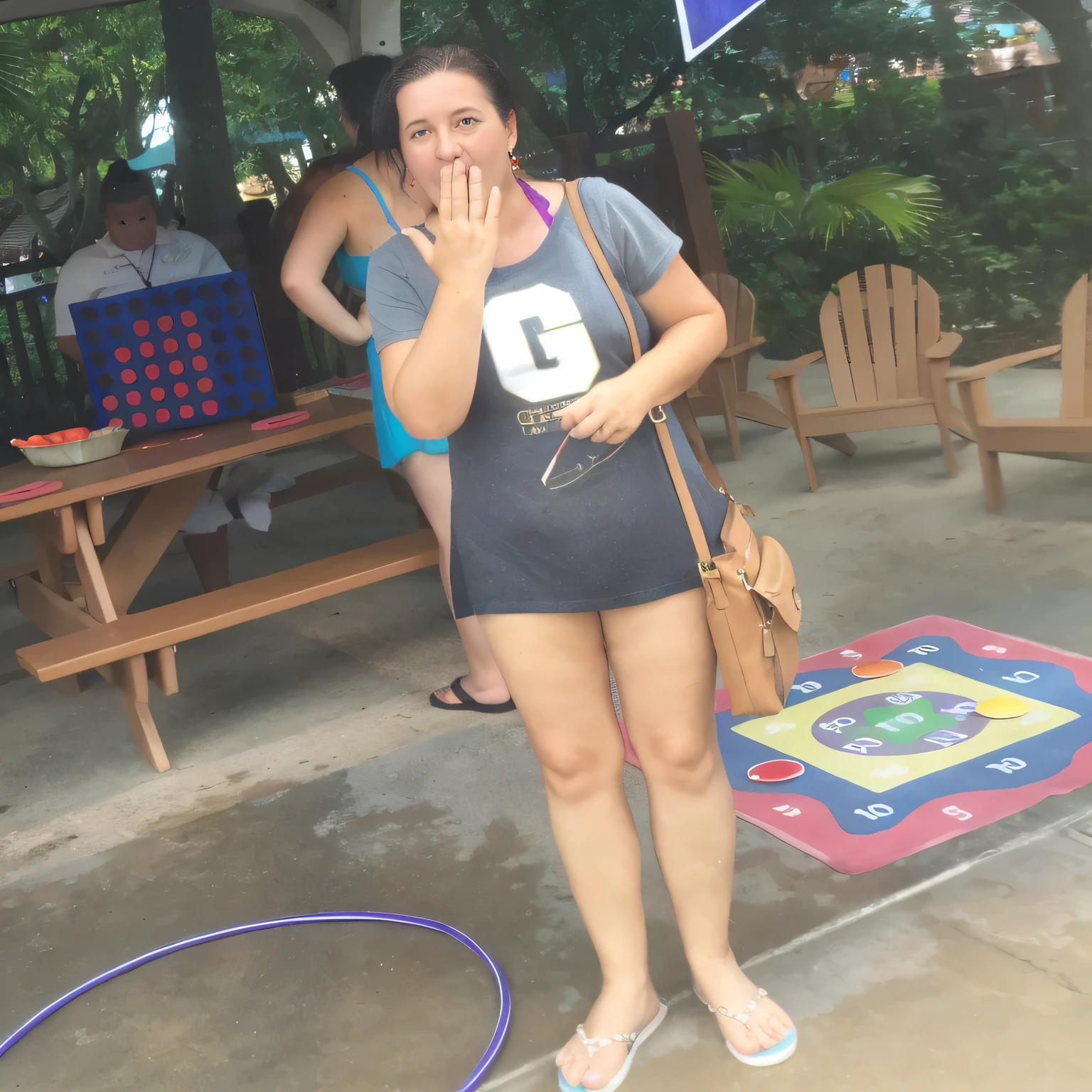 woman standing in front of a table with a number six on it, 30 years old woman, 3 0 years old woman, having a great time, vacation photo, mid 2 0's female, very silly looking, 40 years old women, not blurry, a wide full shot, 3 0 years woman, full-body-shot, 3