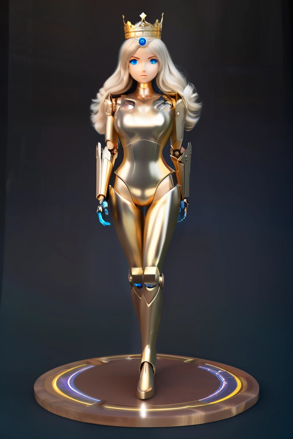 robot goddess, mature woman, metal skin, circuitry texture, crown, holy aura, silver skin, golden hair