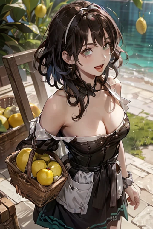 (small breasts:1.2), (perky chest:1.2), (pointed chest:1.2), (Pudding cake magazine cover:1.3),(from above:1.0),(from side:0.9),masterpiece, 1girl, Amazing Cleavage:1.1, thin waist, big ass, Raised sexy, posed cleavage:1.2,(perky chest:1.2), (pointed chest:1.2),(farmhouse entrance:1.0),(((brown Tunic:1.3))),(((lemons and stroberies in the basket),Cute and beautiful girl,Cute round face,Cute smile,Red Lip, looking at viewer, open mouth, have a cute glass of beergrass,black hair, dark green eyes, deep brown public party dress, bare shoulders,collarbone, sidelocks, hairband, earrings wih safia jewelry, outdoors, darck coller off shoulder sweater dress, plant, short hair with long locks, gild hairband, off-shoulder dress, sweater dress, off-shoulder sweater, black sweater, dark gord hair, big side hair, very long side hair,is rendered in (masterpiece: 1.2, best quality), with (ultra high resolution) and an exquisite (depth of field). ,(Bangs are see-through bangs),hair pin,hair adornments,detailed clothes features,Detailed hair features,detailed facial features,(Dynamic angles),(Dynamic and sexy poses),clothes that emphasize big breasts,Cinematic Light,(masutepiece,top-quality,Ultra-high resolution) ,(The 8k quality,Anatomically accurate facial structure,),(Sea Art 2 Mode:1.3),(Image Mode Ultra HD,)