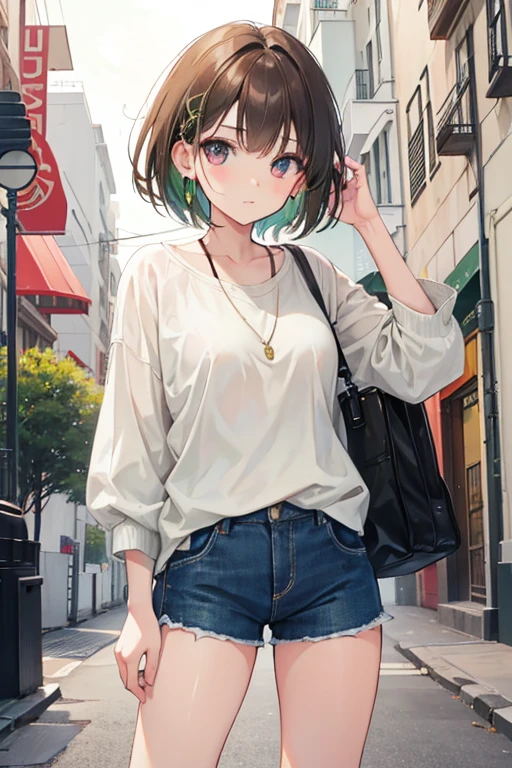 Make a girl with short brown hair, con ojos verdes, and casual clothes to be comfortable on the weekend 