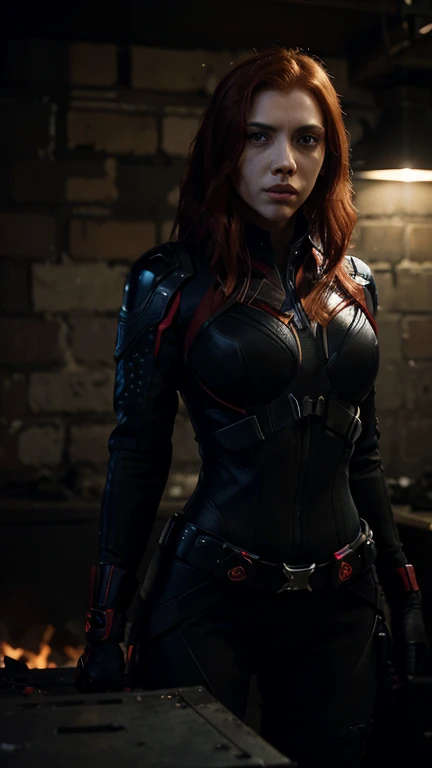 "Scarlett Johansson as Black Widow, dressed in her iconic black tactical suit with red accents. She is posed dynamically, mid-action, with one arm extended forward holding her Widow's Bite bracelets, ready to strike. Her red hair is flowing behind her, and her expression is fierce and focused. The background is a dark, urban landscape with hints of smoke and debris, suggesting a recent battle. The lighting highlights her features, giving a dramatic and intense atmosphere to the scene."You can input this description into a text-to-image tool to generate the artwork. If you need further assistance or another type of art description, feel free to ask!