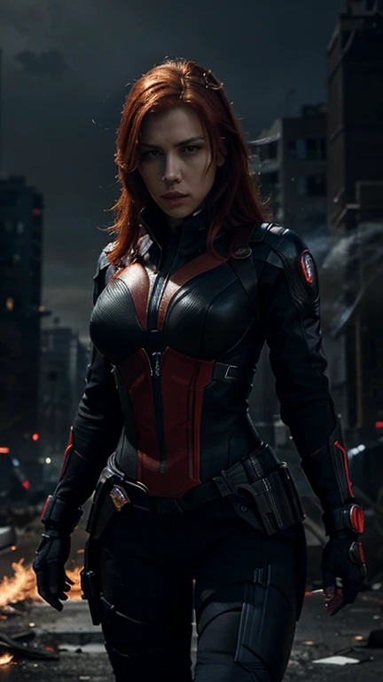 "Scarlett Johansson as Black Widow, dressed in her iconic black tactical suit with red accents. She is posed dynamically, mid-action, with one arm extended forward holding her Widow's Bite bracelets, ready to strike. Her red hair is flowing behind her, and her expression is fierce and focused. The background is a dark, urban landscape with hints of smoke and debris, suggesting a recent battle. The lighting highlights her features, giving a dramatic and intense atmosphere to the scene."You can input this description into a text-to-image tool to generate the artwork. If you need further assistance or another type of art description, feel free to ask!
