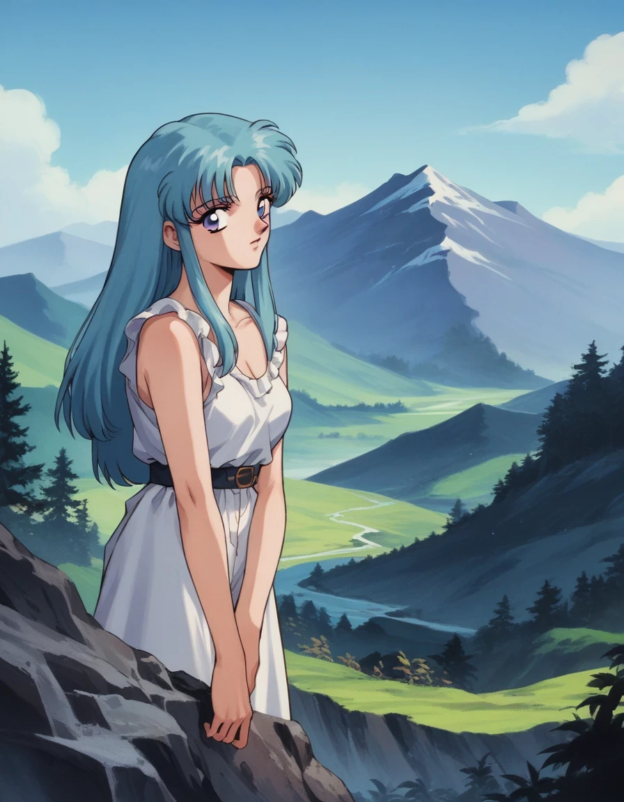 score_9, score_8_up, score_7_up, score_6_up, score_5_up, score_4_up, source_anime, BREAK, 1girl, bernkastel, long hair, blue hair, purple eyes, landscape, mountains, forest, cave, retro artstyle,