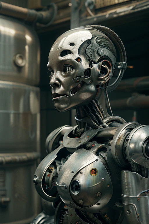 A bald cyborg young woman, with loose wires, metallic skin, hoses, exposed torso, androidperson, mark brooks, david mann, robot brain, made of steel, hyperrealism, post-apocalyptic, mechanical parts, joints, mecha, j_sci-fi