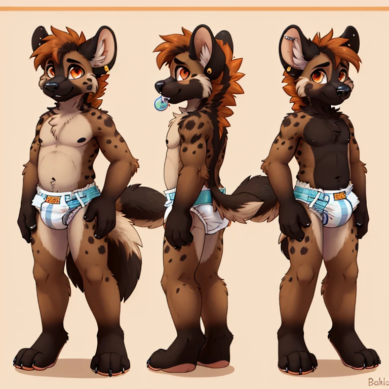 Anthropomorphic adult male dark colored fur spotted hyena with dark orange eyes, very fluffy body, three tails, wearing a kids diaper, baby fur, solo, reference sheet, standing, no background, with a pacifier on mouth, short tail, piercing on nose, full body view, different angles