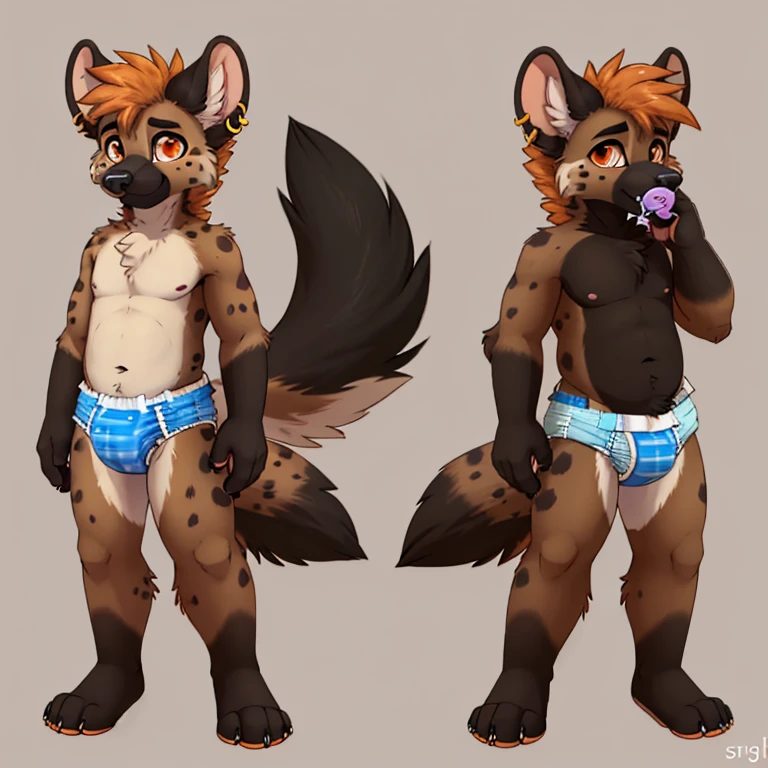 Anthropomorphic adult male dark colored fur spotted hyena with dark orange eyes, very fluffy body, three tails, wearing a kids diaper, baby fur, solo, reference sheet, standing, no background, with a pacifier on mouth, short tail, piercing on nose, full body view, different angles