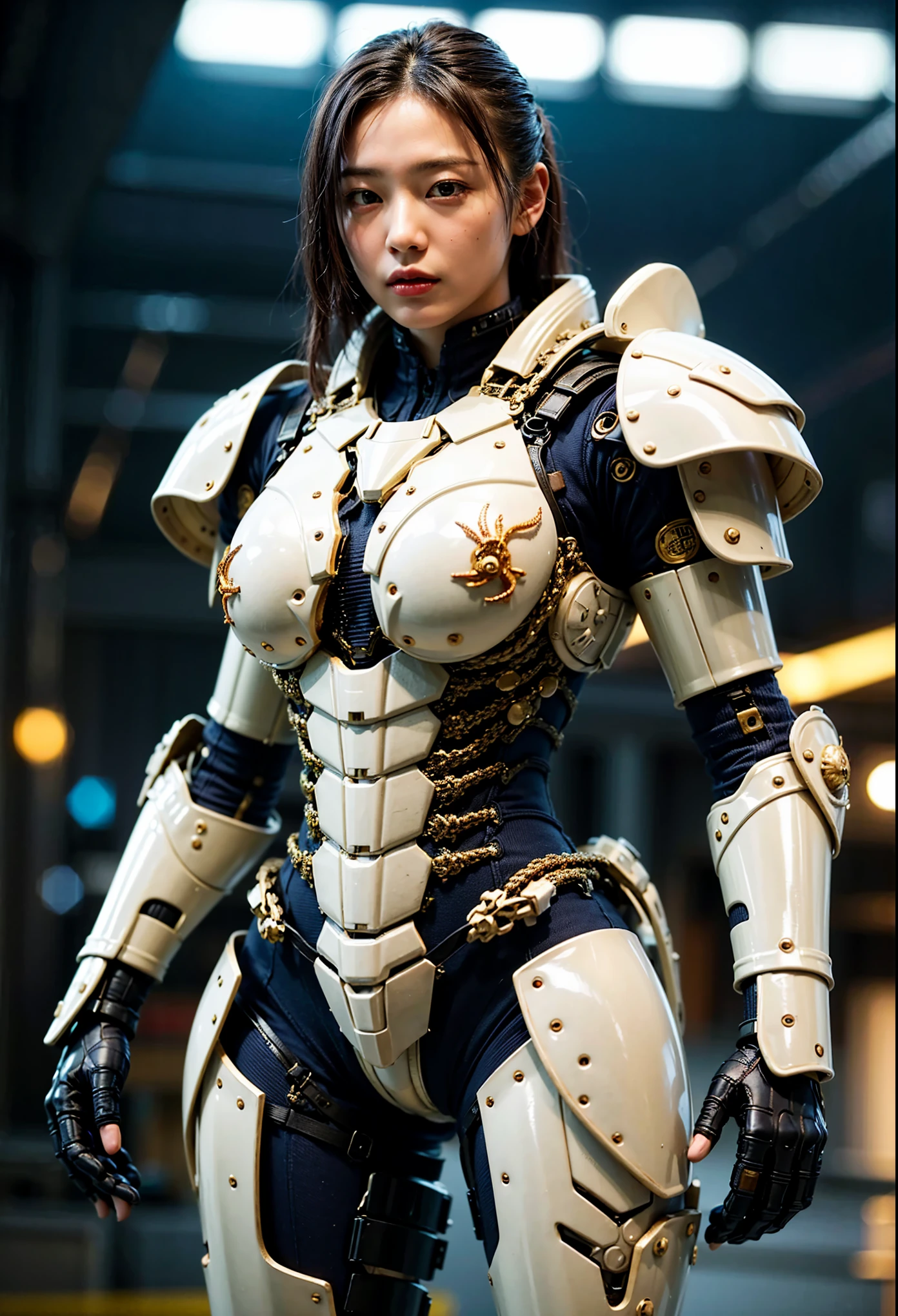 (extremely intricate all details)、(extremely realistic all Texture) 、glossy Texture、Navy blue heavy mechanical armor resembling a pillbug, designed by Hajime Katoki、1 person、Beautiful female soldier、Multi-legged、Heavyweight、Heavy Armor、Firearms、Ultra-realistic、Full Body Shot、Night view of the bayside industrial area、Spotlight lighting to illuminate characters、Please generate at least 4 copies.