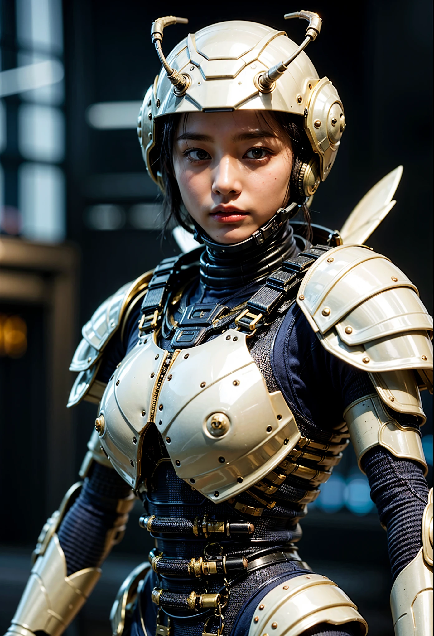 (extremely intricate all details)、(extremely realistic all Texture) 、glossy Texture、Navy blue heavy mechanical armor resembling a pillbug, designed by Hajime Katoki、1 person、Beautiful female soldier、Multi-legged、Heavyweight、Heavy Armor、Firearms、Ultra-realistic、Full Body Shot、Night view of the bayside industrial area、Spotlight lighting to illuminate characters、Please generate at least 4 copies.