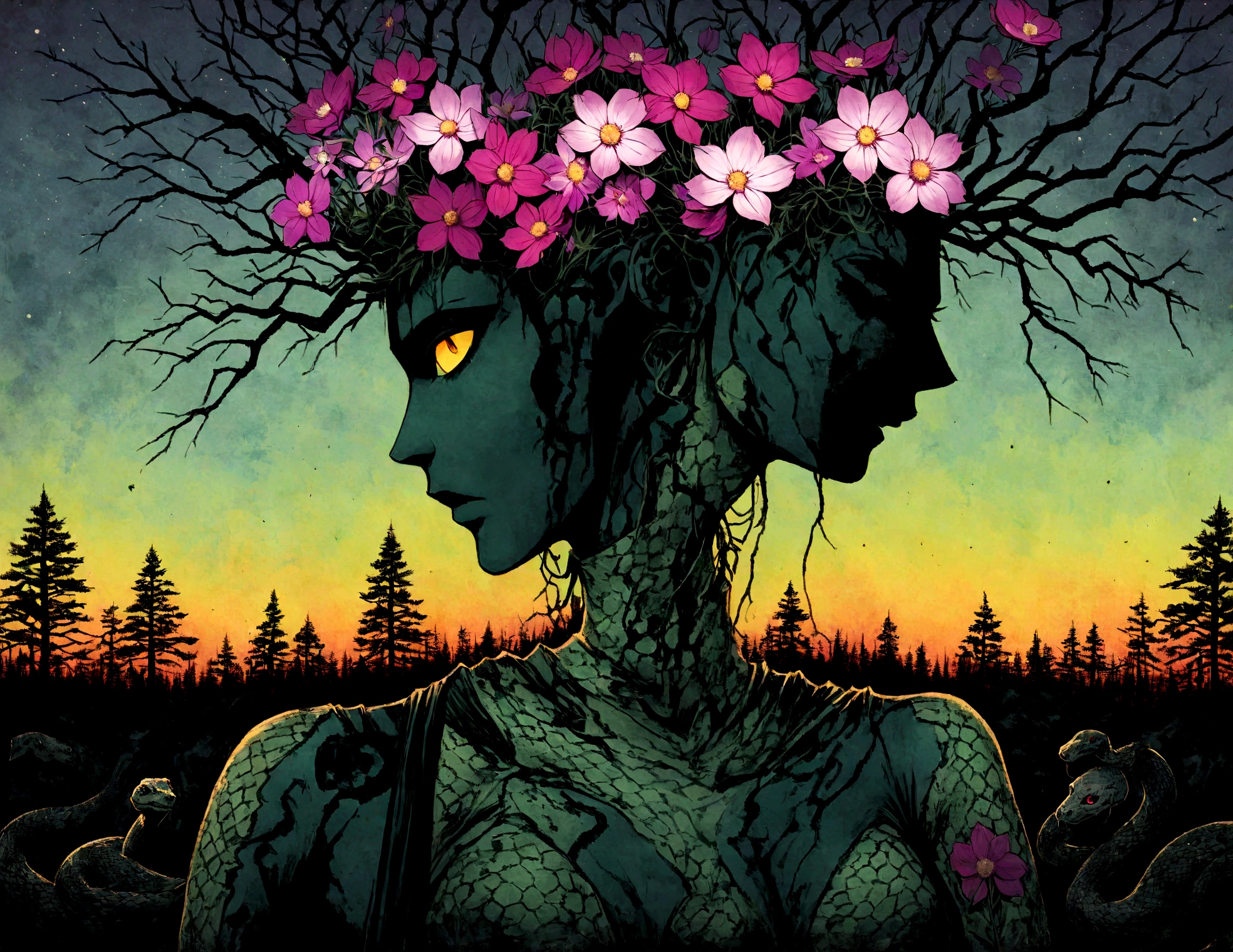 Medusa, splash page decompressed comic cover art, ink style figure, ((expressive Joelle Jones and "Sean Gordon Murphy" comic drawing)), wordless, cinematic poster, abyss void black no visibility darkness, forest green, earth brown), morphology anatomy drawn Frederic Delavier musculature anatomical illustration, (face, ornate black metal corpse paint, resembles Grace Jones), full length portrait, colors, bleak muted deep fiery radiant glowing ROYGBIV, (background, pine barrens, entropy, rewilding, magic hour sunset, galaxy stars, cosmos), candid, snake skin dress, (body, Naga, snakefolk, lower body snake tail, snake woman hybrid, bald, hairless, skeleton, snake skin tattoos, piercing eyes, snake pupils, over the shoulder), craftsmanship nuance, (Gerardo Zaffino charcoal), (horror, abstract, surreal, body, cosmic), subliminal orchids, nyctophobia, silhouette, double exposure, image within image,