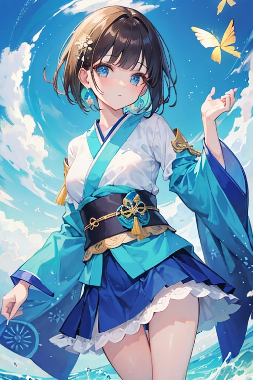 Make a girl with short brown hair, con ojos verdes, que su ropa sea un kimono de color azul marino con detalles celestes, y que tenga una pose elegante mientras mira directamente al frente 