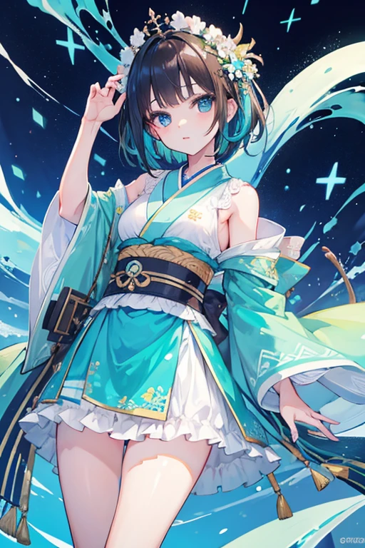 Make a girl with short brown hair, con ojos verdes, que su ropa sea un kimono de color azul marino con detalles celestes, y que tenga una pose elegante mientras mira directamente al frente