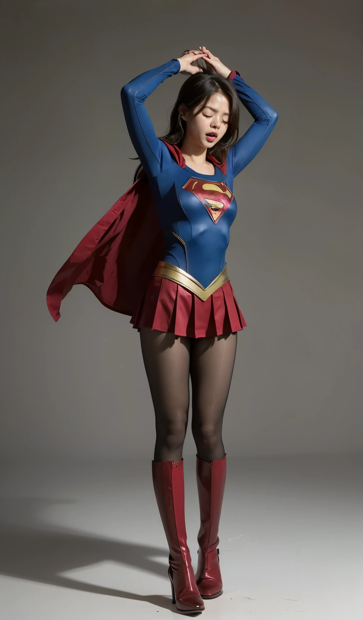 No background、close your eyes、Raise your arms、Yay!、Hanging、Are crying、Deceived、shout、Supergirl Costumeがボロボロに破壊されている、defeat、Are crying、I'Is painful、Painful expression、Expressions of anguish、Tentacles、TentaclesにTied up、Tied up、Tentaclesに巻かれている、Tied up、Tightening、(((Beautiful legs in black tights.)))、(((Stretch your legs、expensive、Legally express the beauty of your smile)))、((((Make the most of your original images)))、(((Supergirl Costume)))、(((Beautiful short bob hair)))、(((suffering)))、(((Black tights legs、Wear red boots)))、((Best image quality、8k))、((highest quality、8k、masterpiece:1.3))、(((Preserve background )))、Sharp focus:1.2、Beautiful woman with perfect figure:1.4、Slim Abs:1.2、Wet body:1.5、Highly detailed face and skin texture、8k