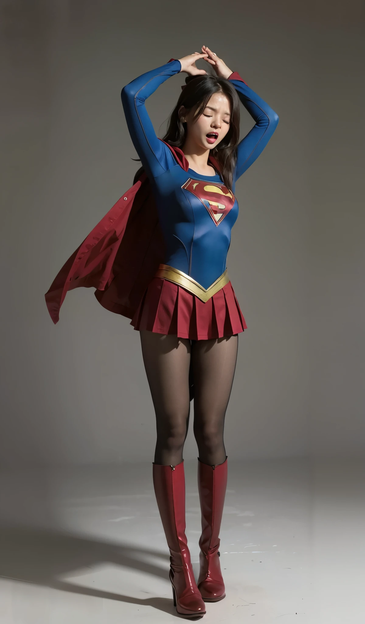 No background、close your eyes、Raise your arms、Yay!、Hanging、Are crying、Deceived、shout、Supergirl Costumeがボロボロに破壊されている、defeat、Are crying、I'Is painful、Painful expression、Expressions of anguish、Tentacles、TentaclesにTied up、Tied up、Tentaclesに巻かれている、Tied up、Tightening、(((Beautiful legs in black tights.)))、(((Stretch your legs、expensive、Legally express the beauty of your smile)))、((((Make the most of your original images)))、(((Supergirl Costume)))、(((Beautiful short bob hair)))、(((suffering)))、(((Black tights legs、Wear red boots)))、((Best image quality、8k))、((highest quality、8k、masterpiece:1.3))、(((Preserve background )))、Sharp focus:1.2、Beautiful woman with perfect figure:1.4、Slim Abs:1.2、Wet body:1.5、Highly detailed face and skin texture、8k