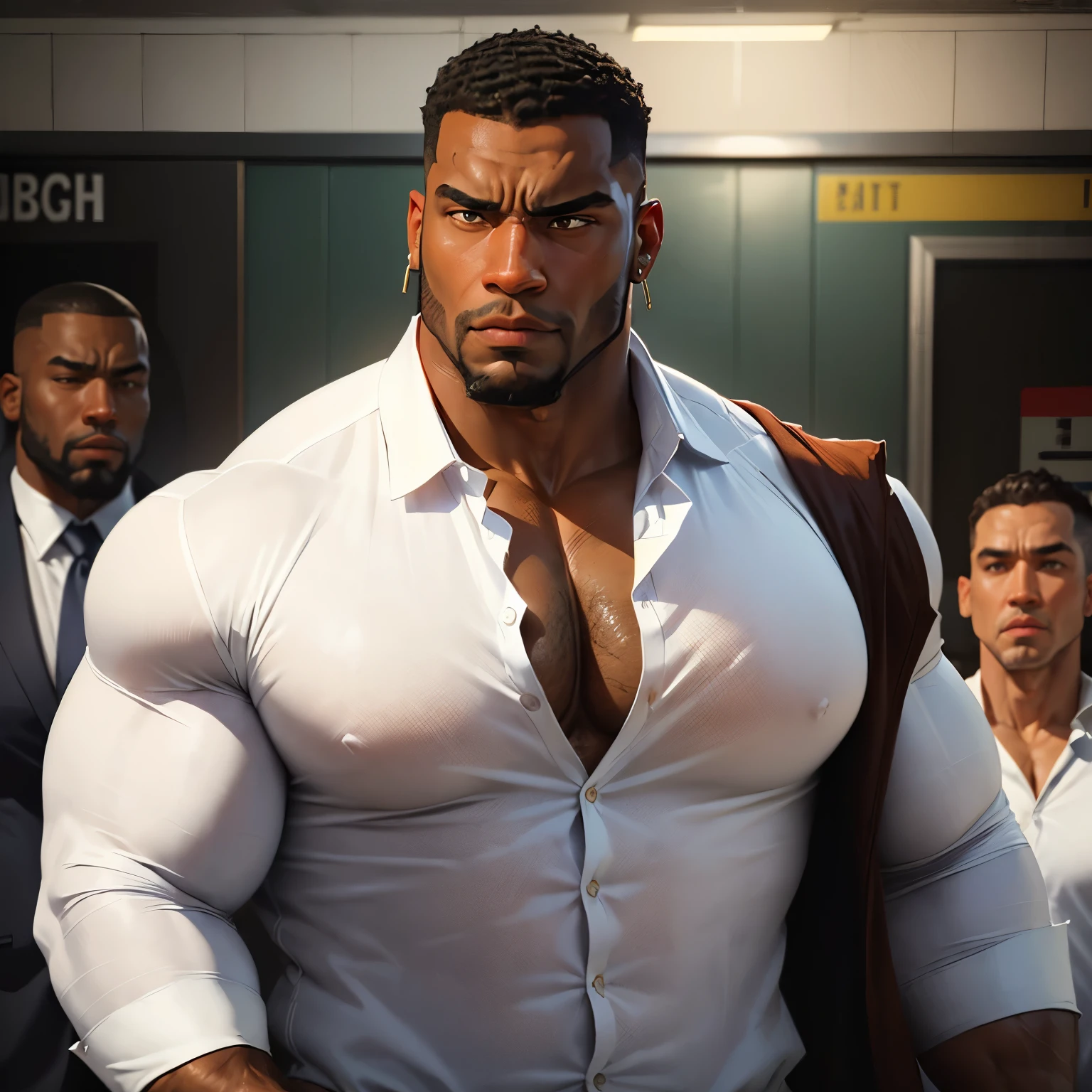 an exaggeratedly muscular and large bodyguard, beefy build, beard, dark-skinned african american male, buzzcut hair with square line, (worried expression: 1.2), (wearing white business casual shirt: 1.2), earrings, (bara pecs: 1.3), beefy pecs, (arm and chest hair: 1.2), portrait HD, (subway station)