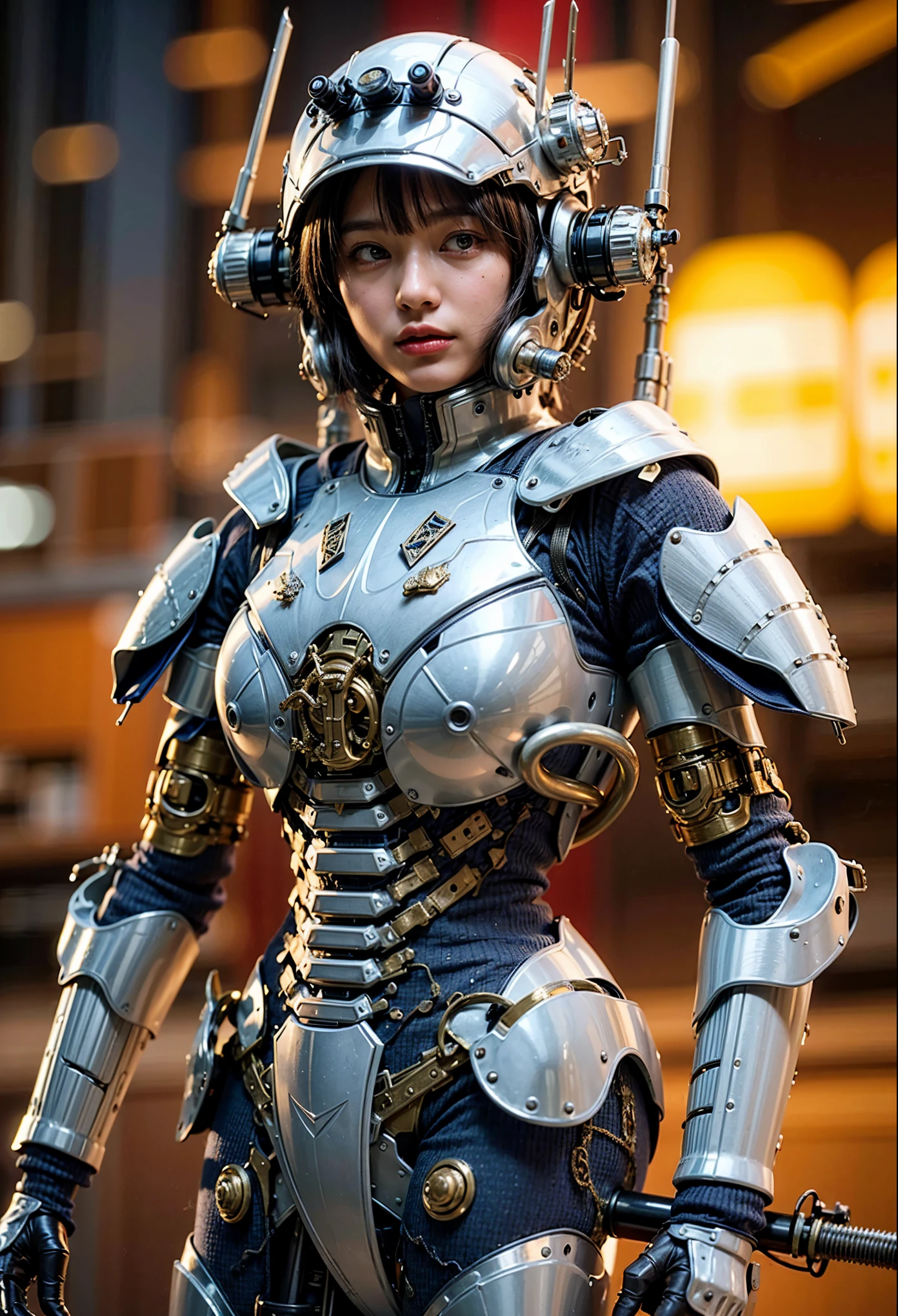 (extremely intricate all details)、(extremely realistic all Texture) 、glossy Texture、Navy blue heavy mechanical armor resembling a pillbug, designed by Hajime Katoki、1 person、Beautiful female soldier、Multi-legged、Heavyweight、Heavy Armor、Firearms、Ultra-realistic、Full Body Shot、Night view of the bayside industrial area、Spotlight lighting to illuminate characters、Please generate at least 4 copies.