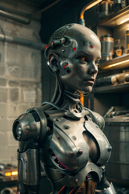 A bald cyborg young woman, with loose wires, hoses, exposed torso, androidperson, mark brooks, david mann, robot brain, made of steel, hyperrealism, post-apocalyptic, mechanical parts, joints, mecha, j_sci-fi