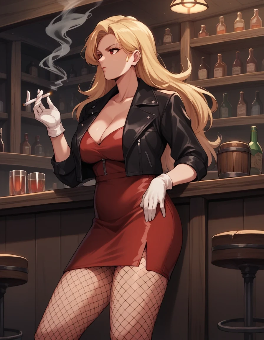 score_9, score_8_up, score_7_up, score_6_up, score_5_up, score_4_up, source_anime, BREAK, 1girl, mature female, long hair, blonde hair, red eyes, fishnet pantyhose, red skirt, leather jacket,  white gloves, bar, tavern, smoking, looking to the side,  