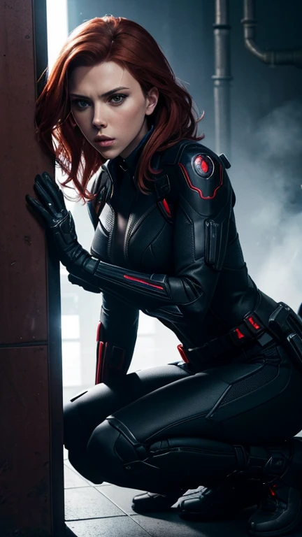 Mode: "Scarlett Johansson as Black Widow crouched low in a stealthy position, her eyes scanning the area for enemies. She is in her black tactical suit, blending into the shadows. Her left hand is on the ground for balance, and her right hand is gripping a sleek, high-tech pistol. The background is a dimly lit, industrial facility with pipes and machinery."