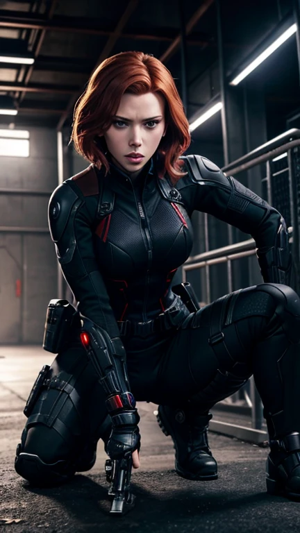 Mode: "Scarlett Johansson as Black Widow crouched low in a stealthy position, her eyes scanning the area for enemies. She is in her black tactical suit, blending into the shadows. Her left hand is on the ground for balance, and her right hand is gripping a sleek, high-tech pistol. The background is a dimly lit, industrial facility with pipes and machinery."