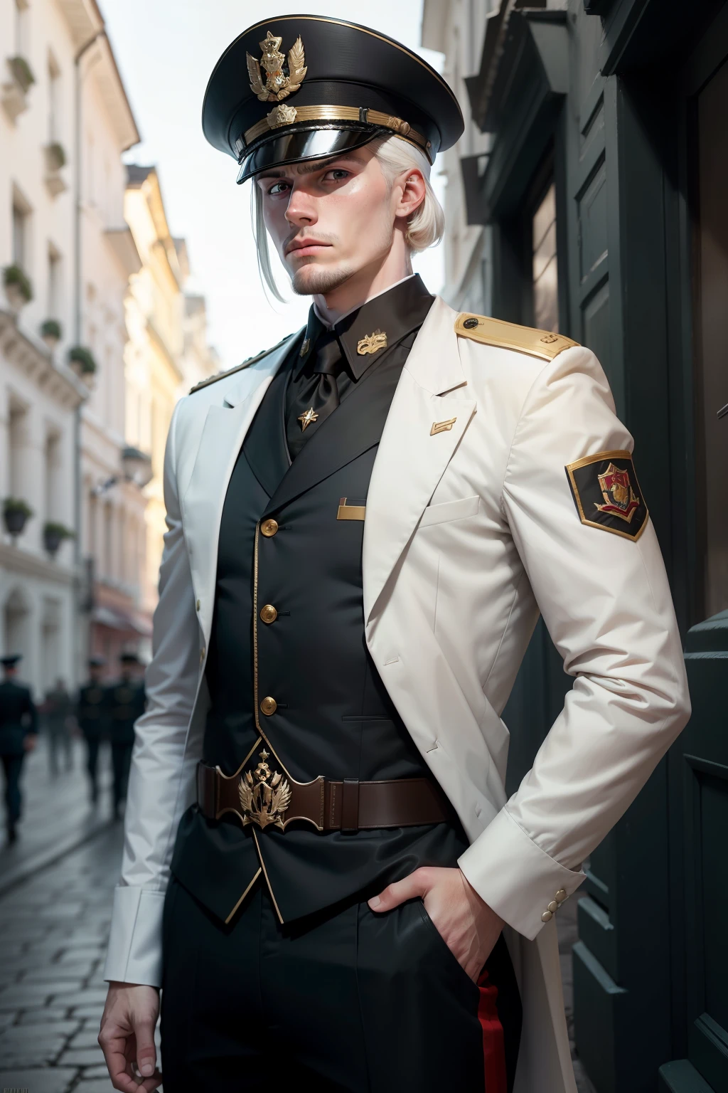 A tall Russian sergeant aged 30, rubio y albino, con ojos amarillos y con el pelo semi largo, vestido con un uniforme negro