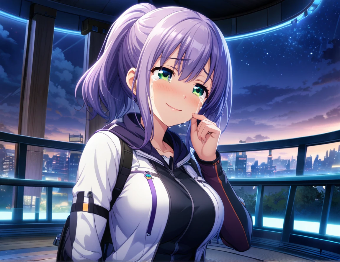 game cg,1girl,purple ponytail hair,green eyes,large breasts,((happy tears)),smile,((tears)),wiping tear,night, ,outdoor observation deck,