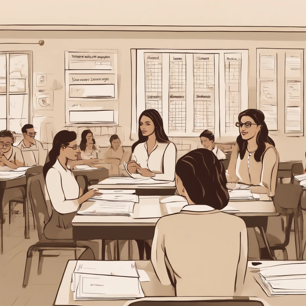 "A modern classroom with students of various ages attending a lesson on home economics, with a teacher explaining the use of spreadsheets and financial graphs."