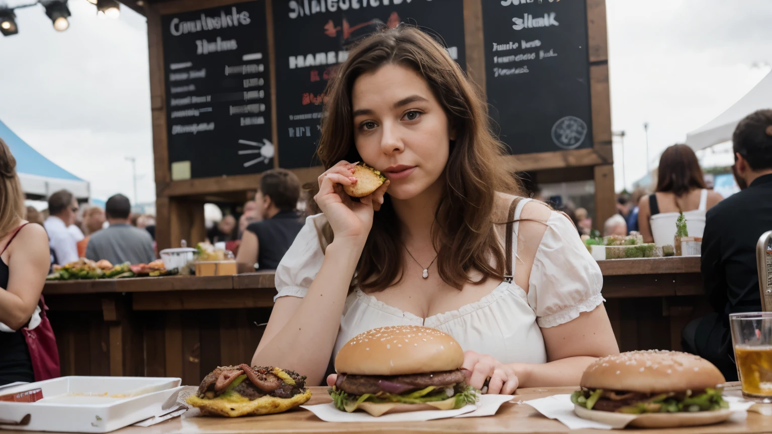 caroline van der plas eating a pile of hamburgers at the oktoberfest, obese, fat, messy hair, old woman, mature female, looking at food, realistic, surrounded by food, in a festival, 5 fingers