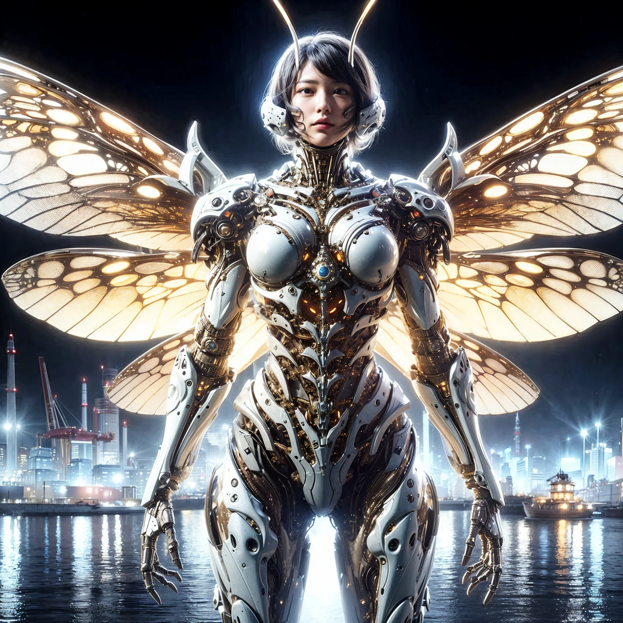 (extremely intricate all details)、(extremely realistic all Texture) 、glossy Texture、Navy blue heavy mechanical armor resembling a pillbug, designed by Hajime Katoki、1 person、Beautiful female soldier、Multi-legged、Heavyweight、Heavy Armor、Firearms、Ultra-realistic、Full Body Shot、Night view of the bayside industrial area、Spotlight lighting to illuminate characters、Please generate at least 4 copies.
