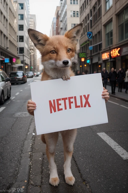 Photograph of a little fox with a sign that says Netflix