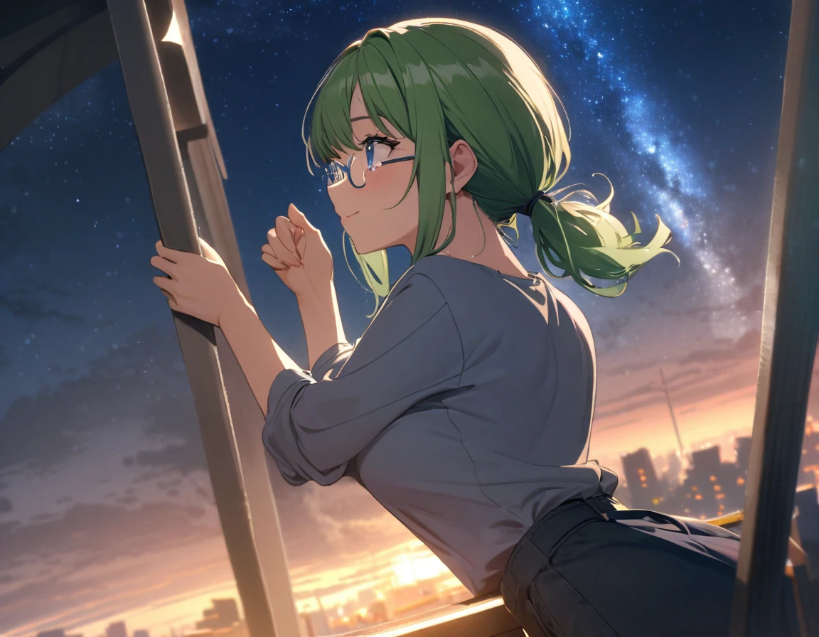 game cg,1girl,green hair,short ponytail,rimless eyewear,blue eyes,large breasts,((happy tears)),smile,((tears)),wiping tears,night,outdoor observation deck,