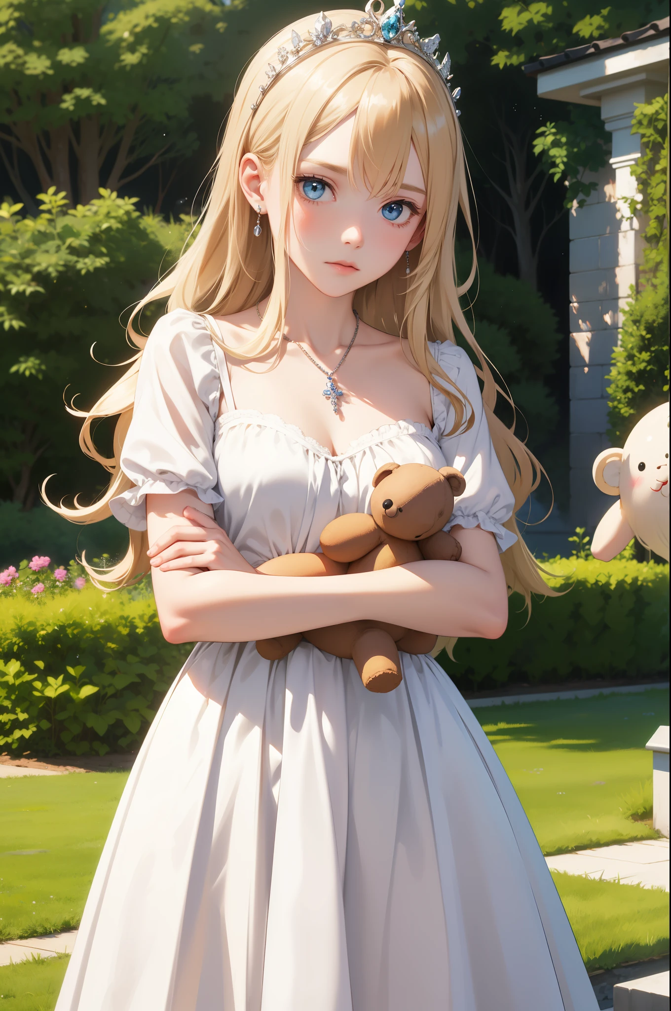 a cute girl, blonde hair, blue eyes, fair shiny complexion, plain expression, in a long white dress, hugging a brown teddy doll, tiara on head, green pendent on neck, garden in the background