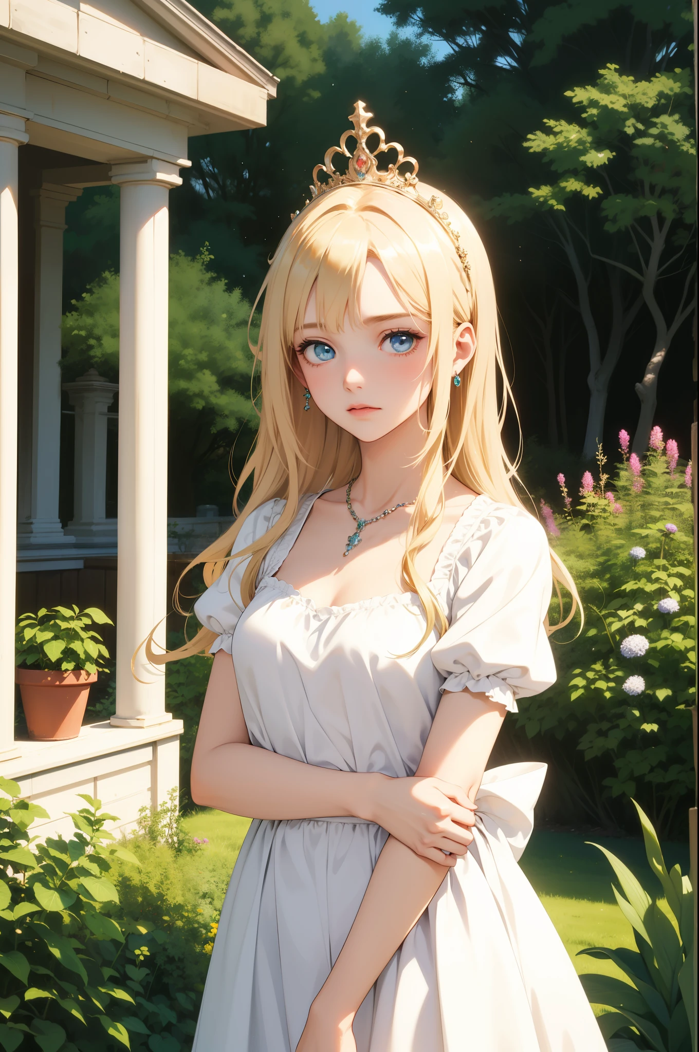 a cute girl, blonde hair, blue eyes, fair shiny complexion, plain expression, in a long white dress, hugging a brown teddy doll, tiara on head, green pendent on neck, garden in the background