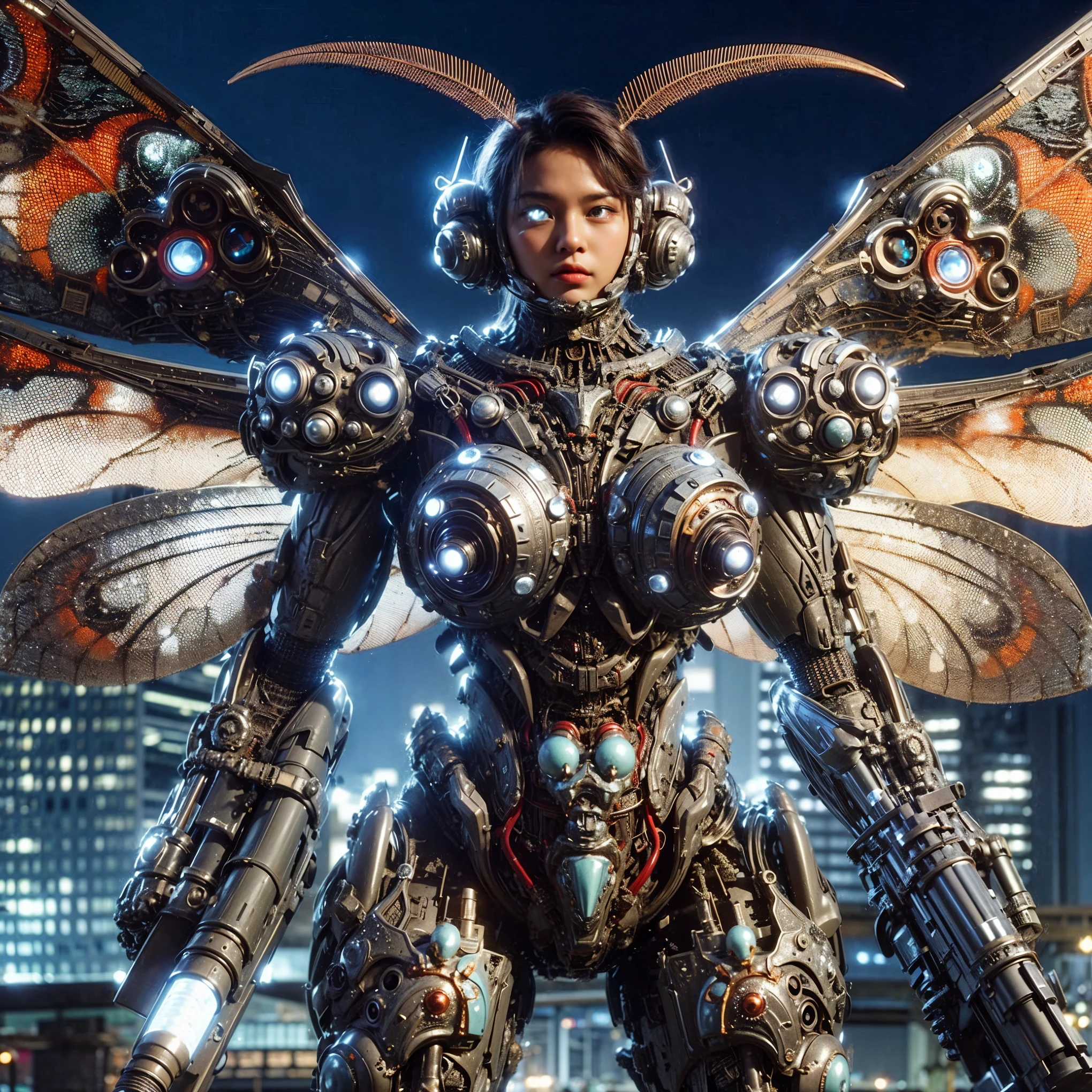 (extremely intricate all details)、(extremely realistic all Texture) 、glossy Texture、Navy blue heavy mechanical armor resembling a pillbug, designed by Hajime Katoki、1 person、Beautiful female soldier、Multi-legged、Heavyweight、Heavy Armor、Firearms、Ultra-realistic、Full Body Shot、Night view of the bayside industrial area、Spotlight lighting to illuminate characters、Please generate at least 4 copies.