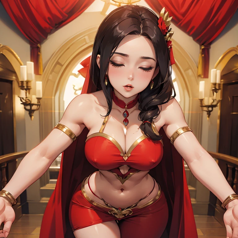 Sexy female breasts)))Breast sagging、Low-cut(((Cleavage )))、(((Wide hips,)))(((Hourglass figure)))((Long legs)),Dazzle in a stunning red saree