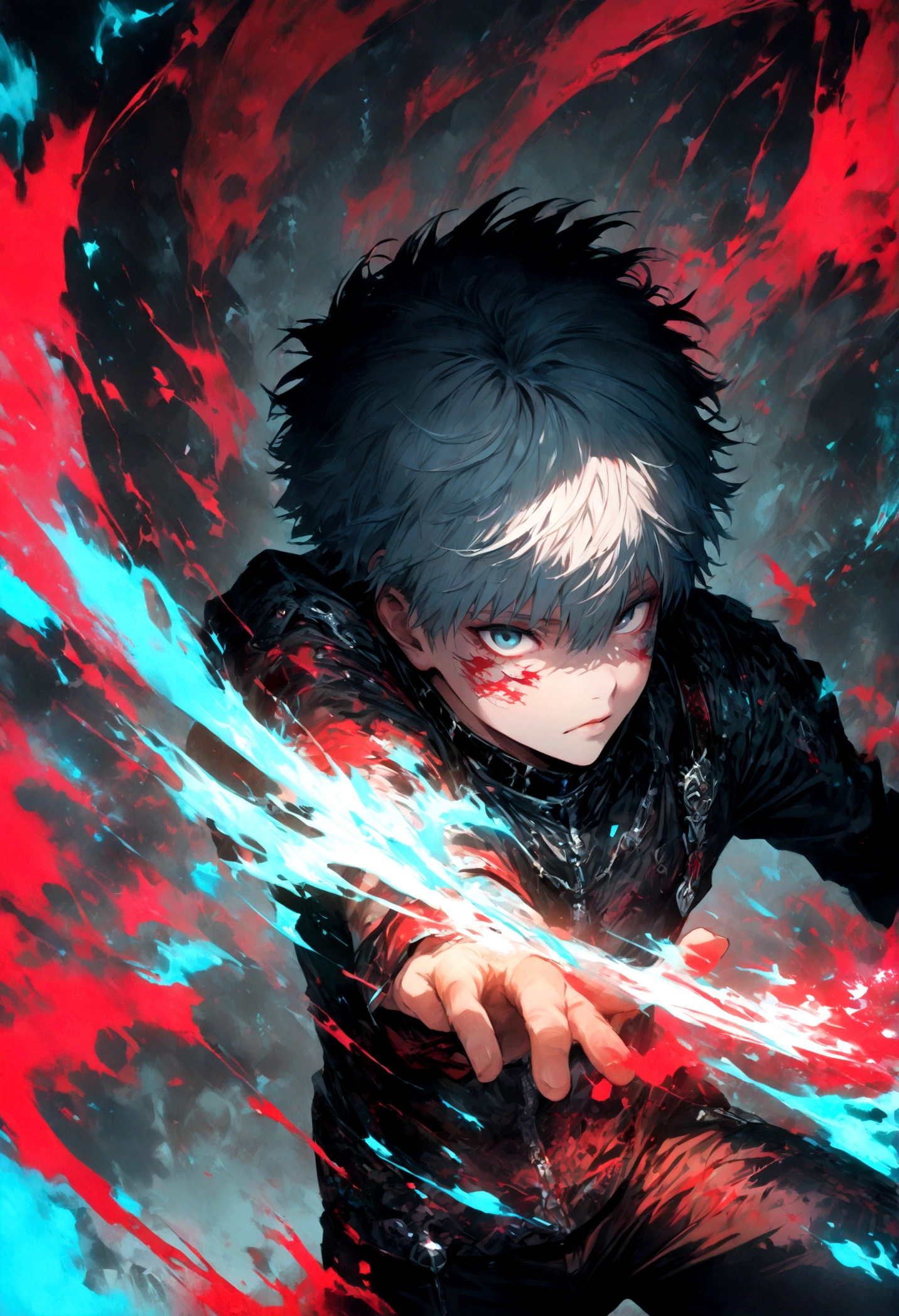 1 male,Kaneki,Tokyo Ghoul,A black face cover for ghouls that covers half of the face,Sui Ishida's painting style,Intricate details,Use black and white as your main colors,Decadent,artwork,rendering,Dynamic Pose,(masterpiece:1.3),(highest quality:1.4),(ultra detailed:1.5),High resolution,extremely detailed,unity 8k wallpaper,Dark fantasy,Brush strokes