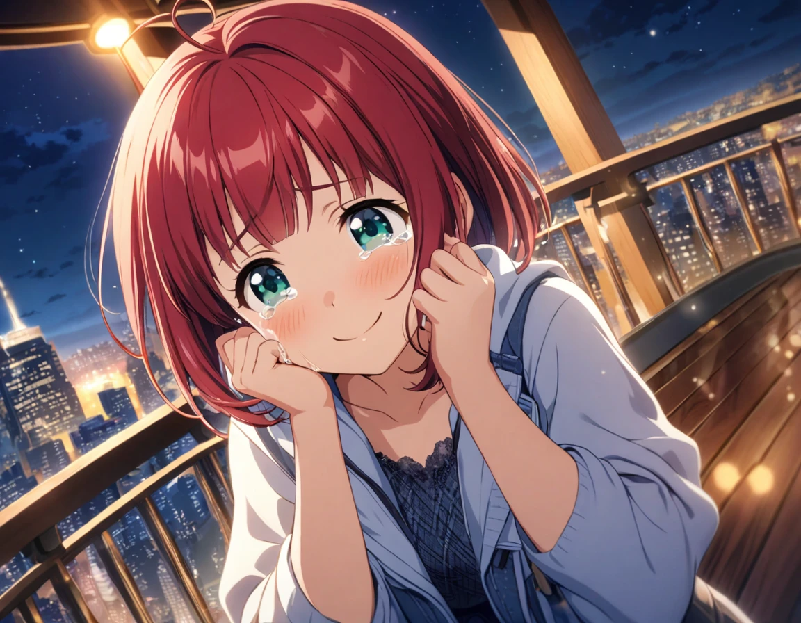 game cg,1girl,rubyred hair,bowlcut hair,half circle ahoge,blue green eyes,tareme,((happy tears)),smile,((tears)),wiping tears,night,outdoor observation deck,