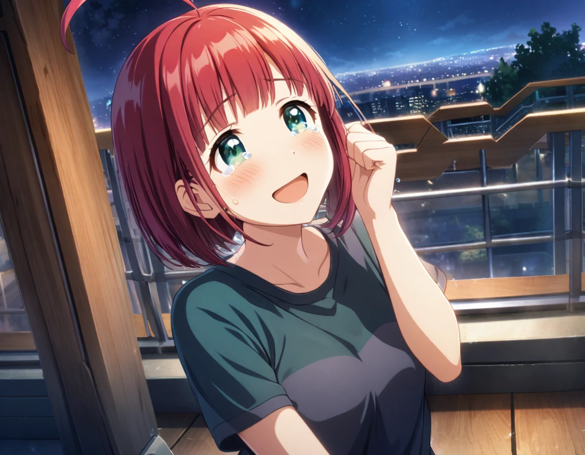 game cg,1girl,rubyred hair,bowlcut hair,half circle ahoge,blue green eyes,tareme,((happy tears)),smile,((tears)),wiping tears,night,outdoor observation deck,