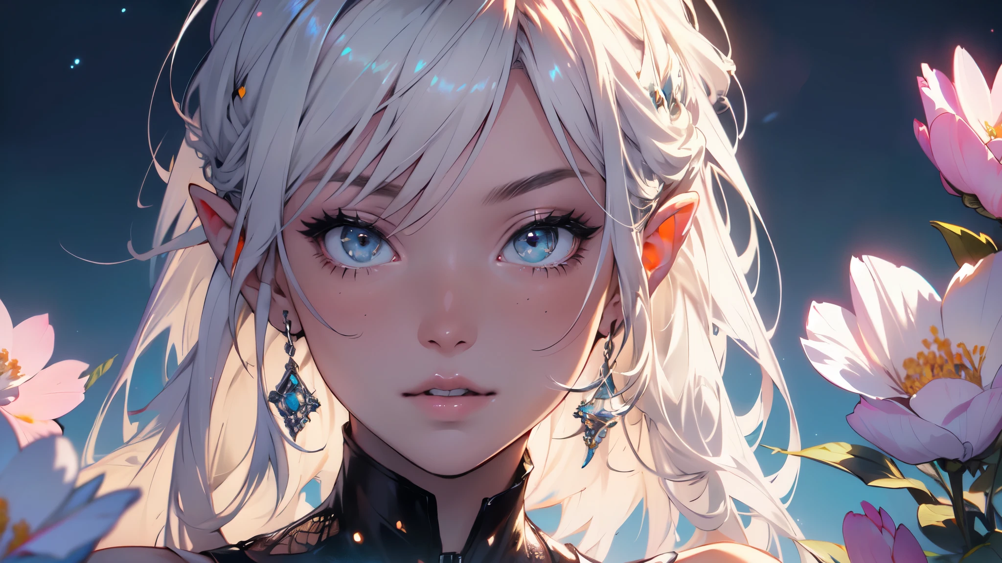 best quality, high-res, ultra-detailed), beautiful elf woman, detailed face, detailed eyes, long sparkling dress, night background with light and flowers, neon colors, portraits, soft and warm color tones, ambient lighting, full body, flowers, fligh