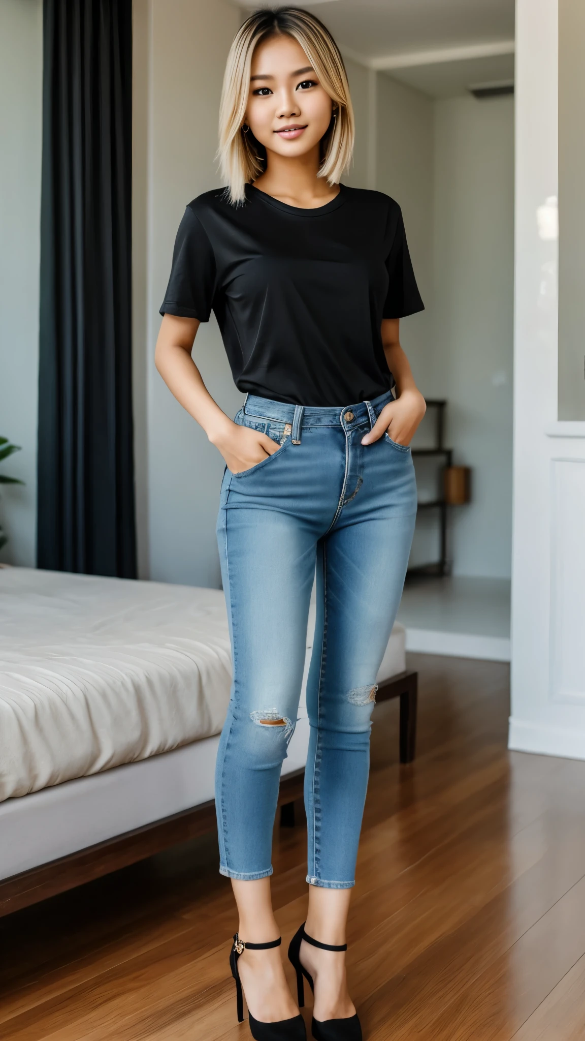A cute tiny stunning thai woman, 18 years old, short loose blonde hairs,  healthy body, full body, wearing a short jeans, black t-shirt and high heels, 8k