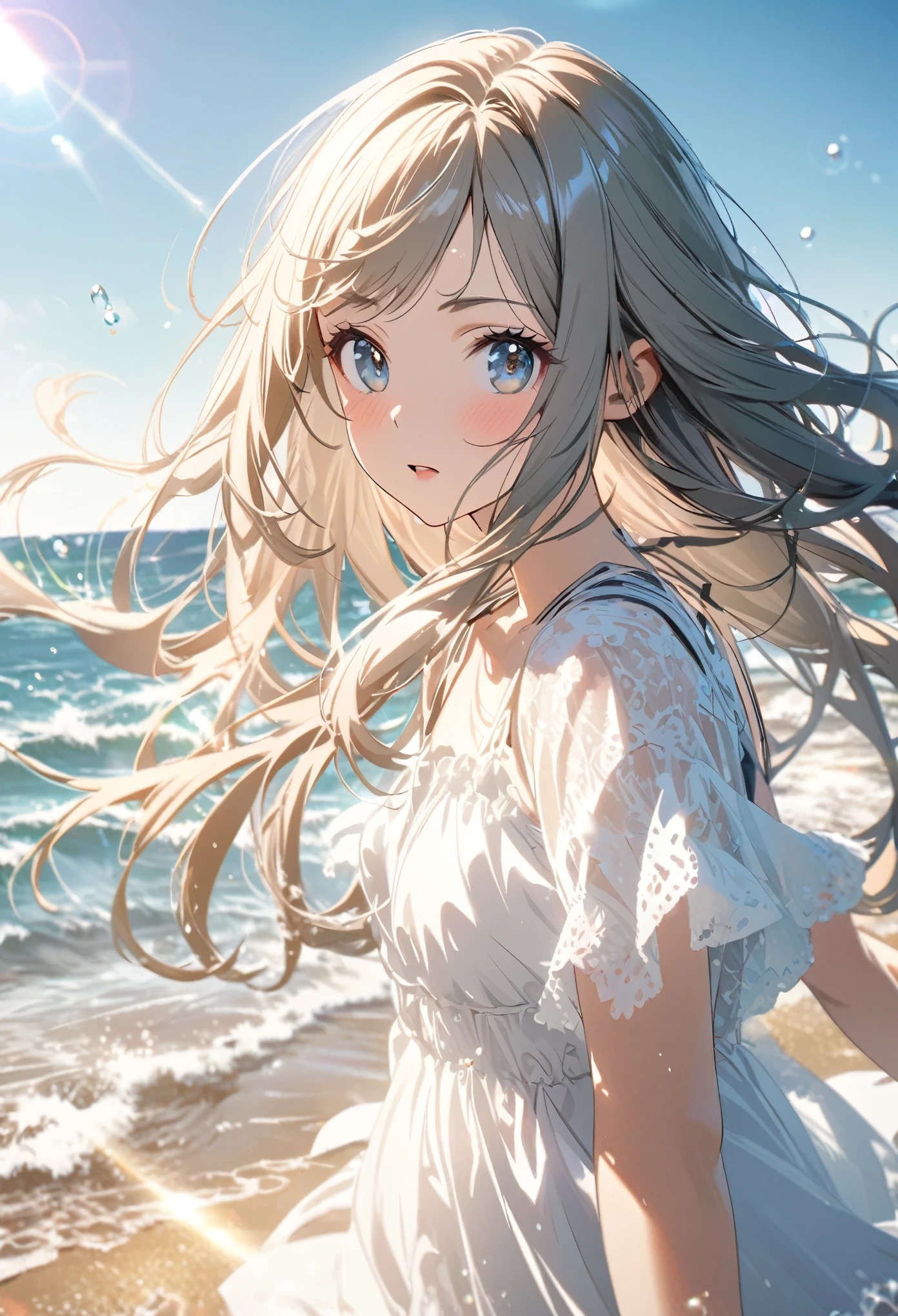Angelic, One girl, Black and long straight hair, Sharp Hair, Facial Contour, Recall, , At the Beach, Splash, Lens flare, noon, bright, Natural Color, High resolution, Very delicate, Super detailed, 8k