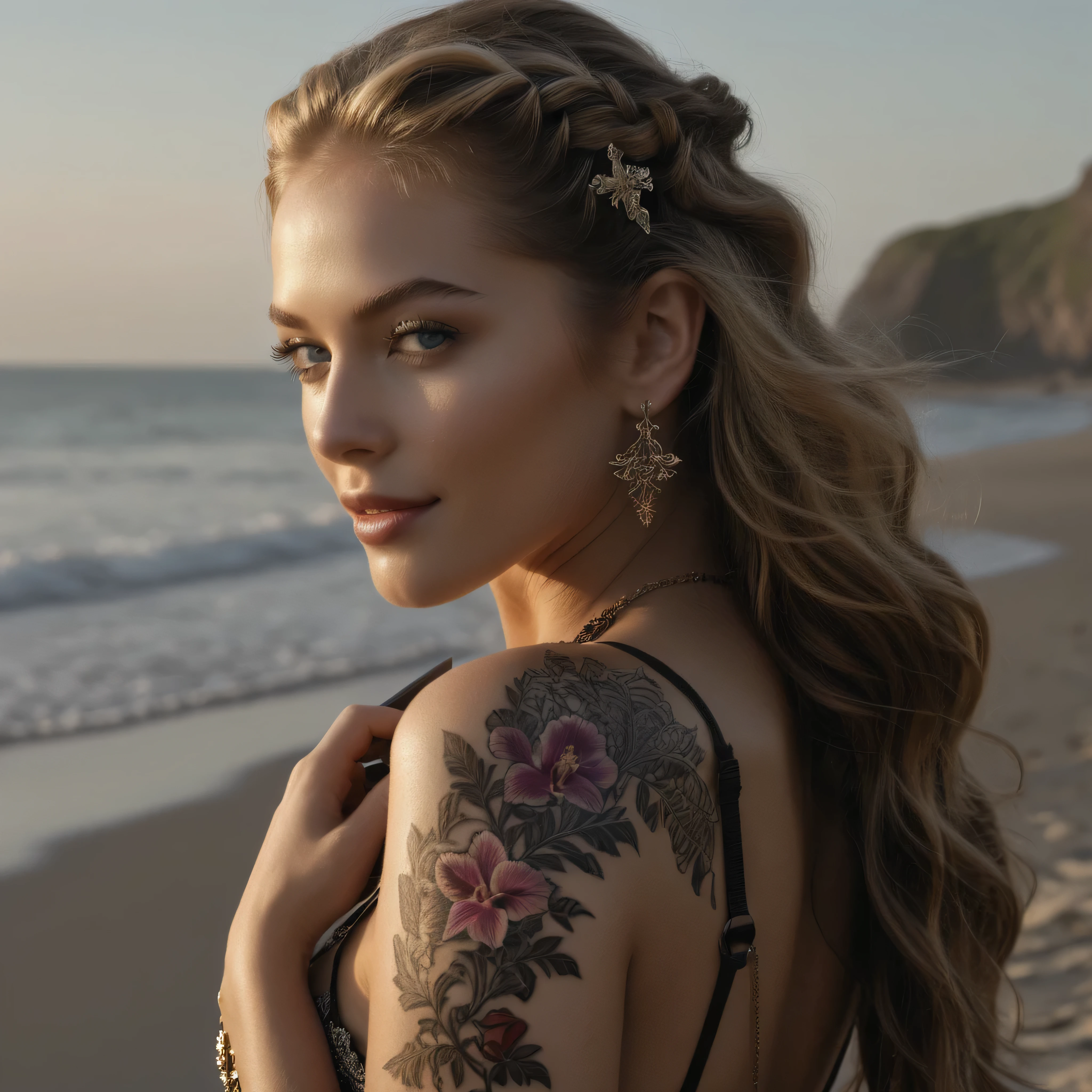 , (Ultra quality:1.2), (Ultra detailed:1.2), (Ultra detailed clothes:1.2), (Ultra detailed face:1.2), (Ultra detailed eyes:1.2), (Ultra detailed body:1.2), (Ultra detailed weapons:1.2), cinematic film still {prompt} . shallow depth of field, vignette, highly detailed, high budget , cinemascope, moody, epic, gorgeous, film grain, grainy, dark shadows ,   masterpiece ,ultra-detailed , an extremely delicate and beautiful girl, 1girl, light smile, hair clip,  hairclip, seashore
, red rose  orchid and lilac vegetation, sunset, A beautiful portrait of a young stunning woman in
 art nouveau aesthetic,  Fantasy, Body Covered With Exotic Tattoos, Lovers , Realistic, Hyperrealism, European Girl With Beautiful Blue Eyes, Naughty couple,  perfect hands, perfect finger shapes, beautiful legs, fit body, barefoot ,long blondish  brunette hair , naughty elegant poses ,dark blue beautiful symmetric eyes ,perfect eyes,extremely detailed face, lifelike photography, ultra high detailed,naughty smile ,high  quality ,alluring beauty full body shot, gorgeous Russian girl, awesome action photos, realistic, hyperrealism, fantasy , beautiful fit body, beautiful legs,  , golden ratio,   , (((((Full Body Shot, back shot, front shot, side shot, queen of the ocean , perfect couple , heavily armed, she is wild and  beautiful, pistol and swords))))) beautiful white teeth, 