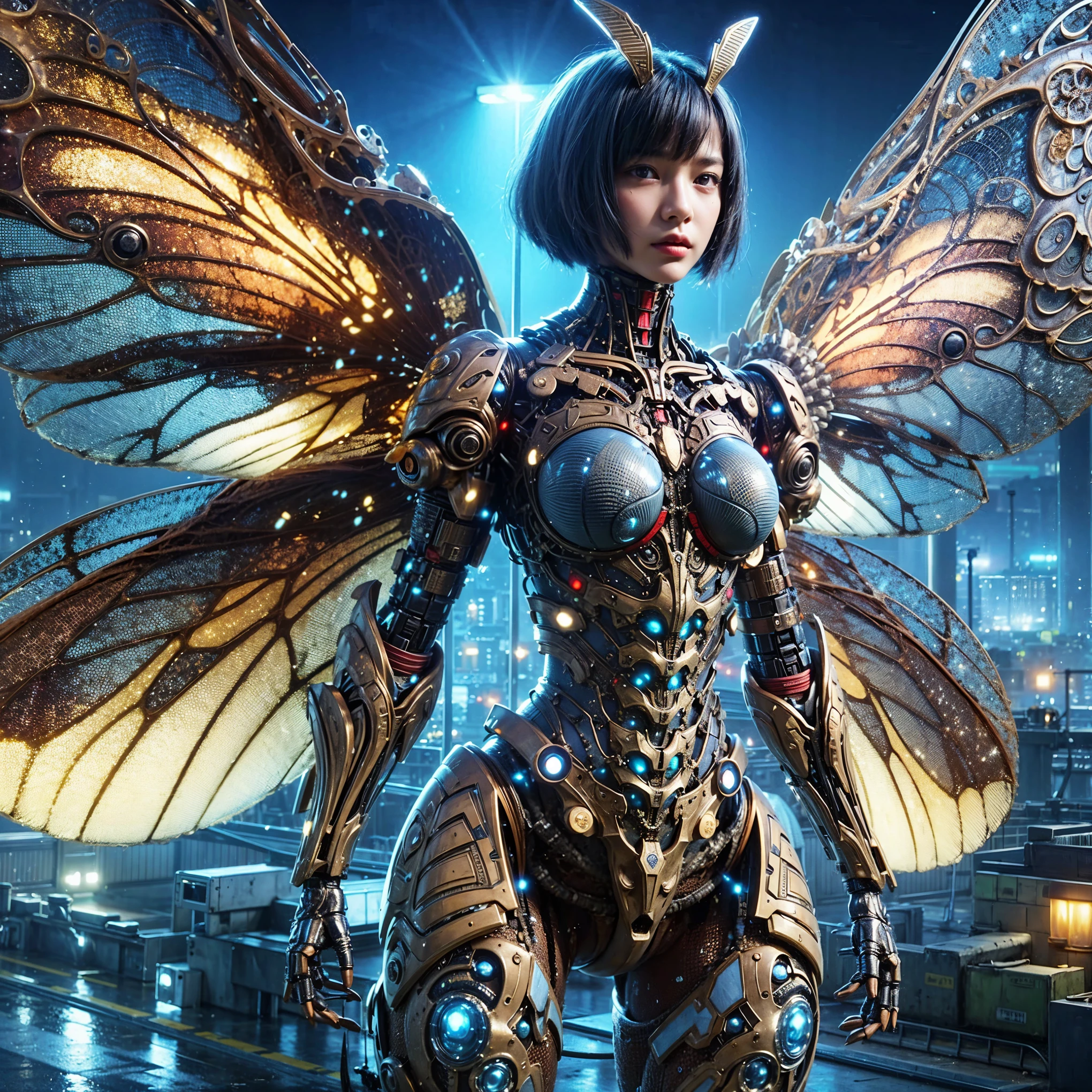 (top-quality:1.2, masterpiece), ultra high res,(Photorealsitic:1.4), (cockroach-like bio insect suit:1.3), heavy weapons,large wings, vivid textures,insect legs, pink hair, glowy skin, japanese girl beautiful face, ((super realistic intricate details)), full body shot, globalillumination, octan render, ultrasharp, character edge light, Details of complex ornaments, Acrylic Clear Cover, Hydraulic cylinder